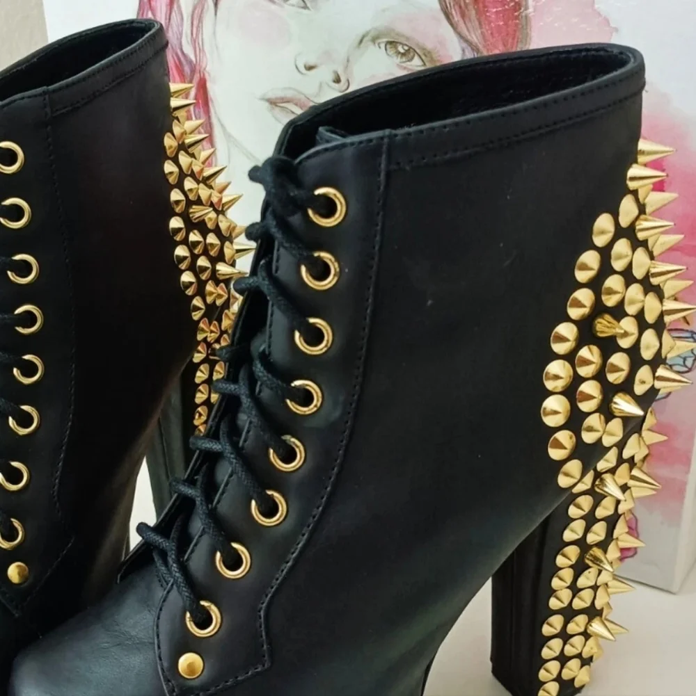 Jeffrey Campbell LITA Black Leather Gold Spikes Booties Size 6 - Picture 9 of 13